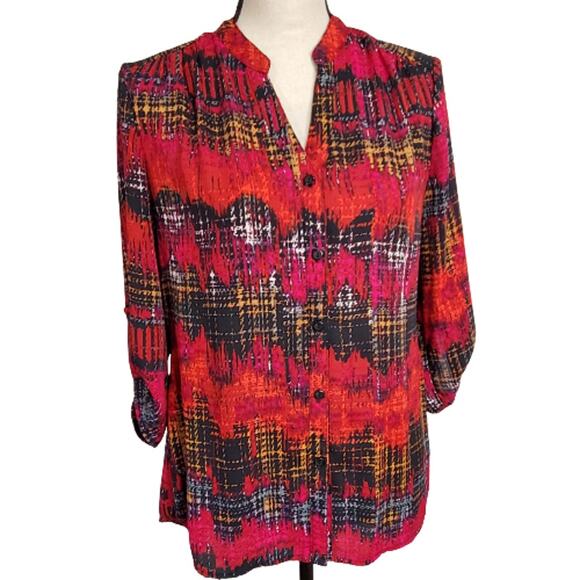 Notations Split Back Red Multicolor Long Sleeve ButtonUp Career Wear Blouse Top - Picture 5 of 9